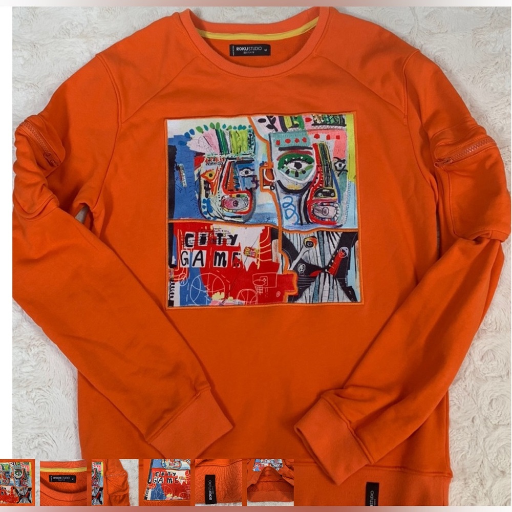 Roku Studio Bright Orange Graphic Sweatshirt with Multicolor Art Patch